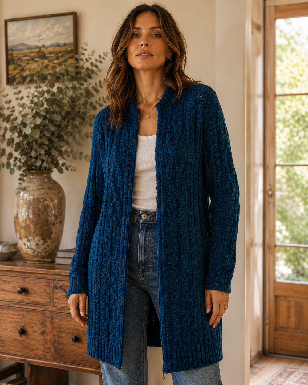 Kilronan Knitwear Ireland Wool Sz M Blue Aran Cable Knit Long Cardigan Zip